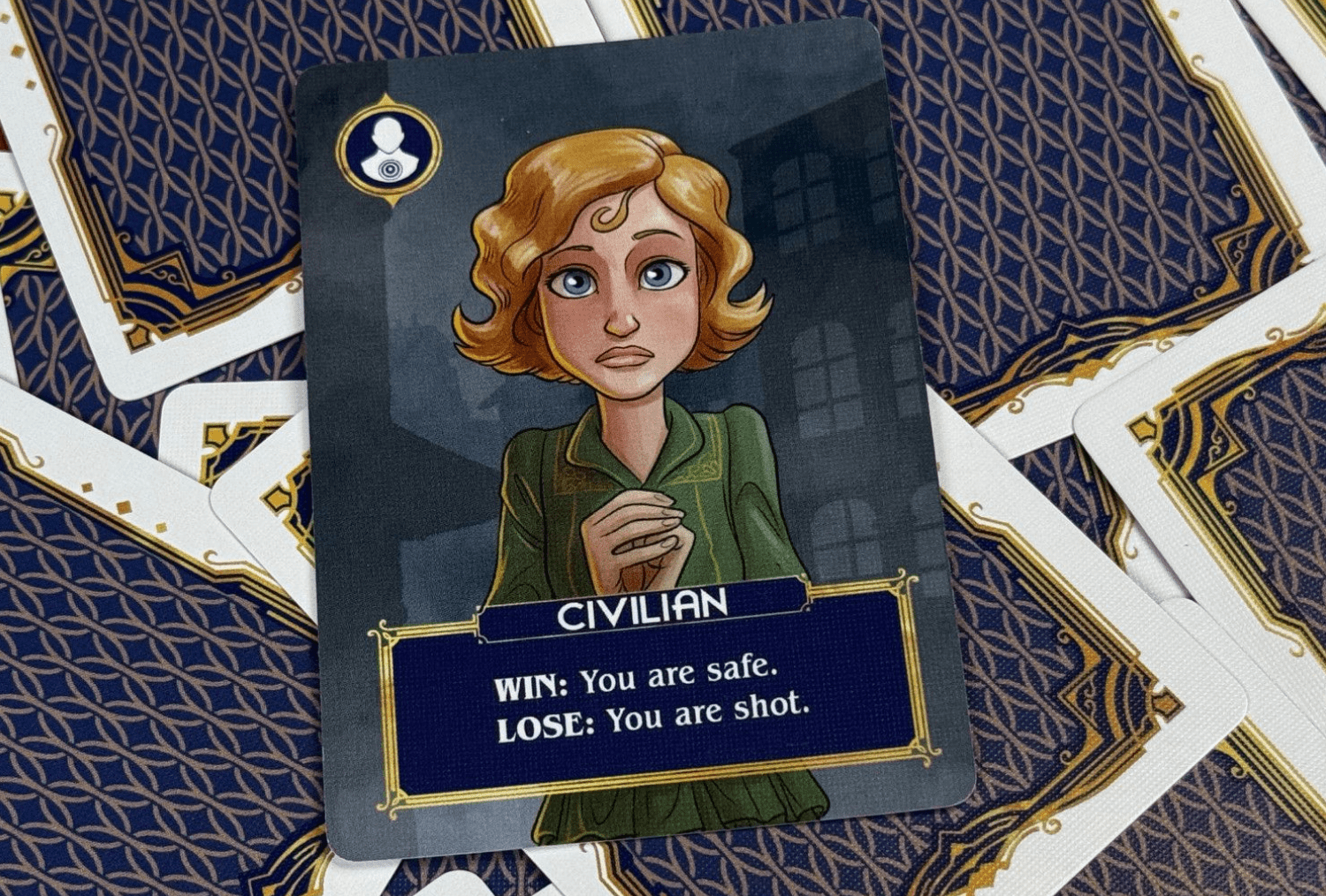 Card from Mafia Blitz showing a character labeled 'CIVILIAN' with text about winning or losing.