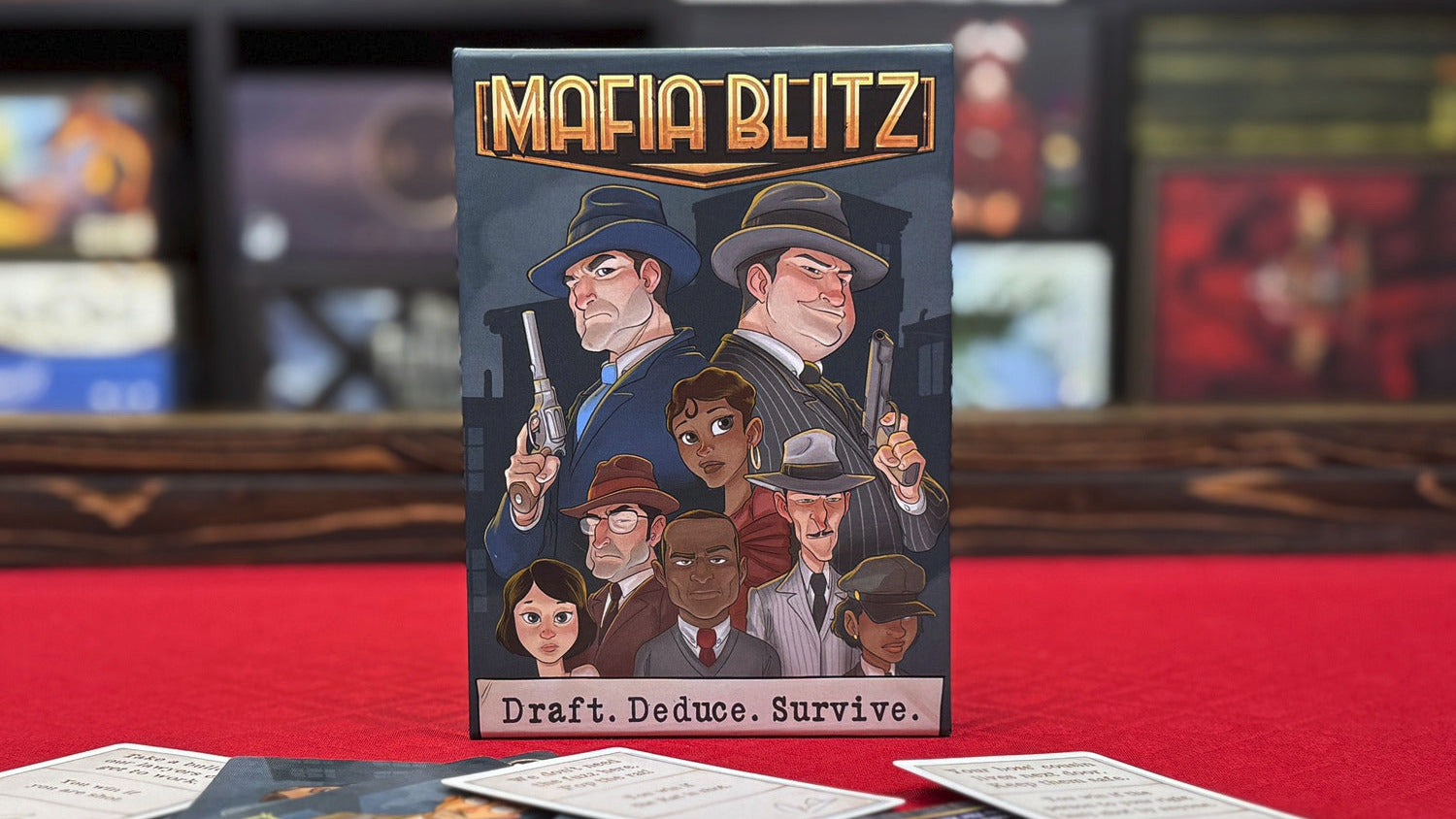 Mafia Blitz board game box with characters on a red surface